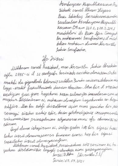 Nida" Vətəndaş Hərəkatının üzvü Şahin Novruzlu Prezidentdən əfv dilədi - MÜRACİƏT