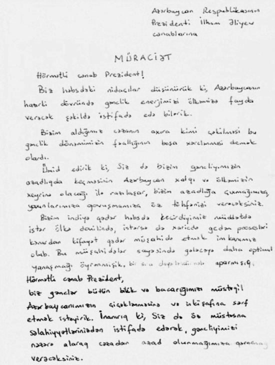 Həbsdə olan 6 Nida-çı gənc İlham Əliyevə məktub yazdı - MÜRACİƏT