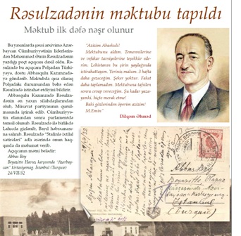 Rəsulzadənin yeni məktubu tapılıb