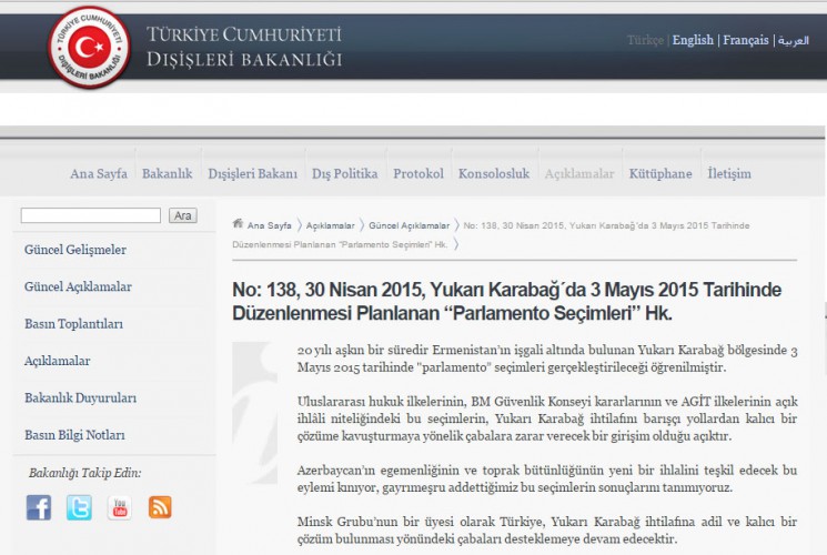 Türkiyədən Dağlıq Qarabağdakı separatçı rejimə ETİRAZ