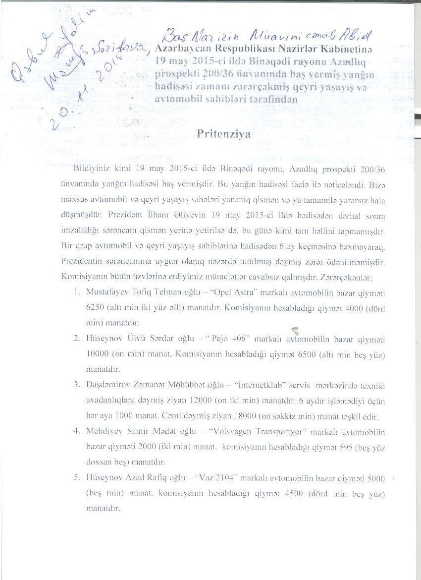 Yanmış binanın zərəçəkmişləri Nazirlər Kabinetinə çağırış etdilər