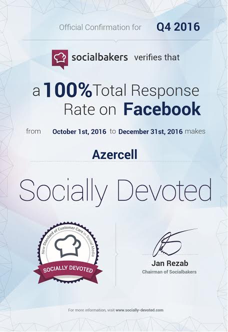 &ldquo;Socialbakers&rdquo; şirkəti n&ouml;vbəti dəfə Azercell-i sertifikatla təltif edib