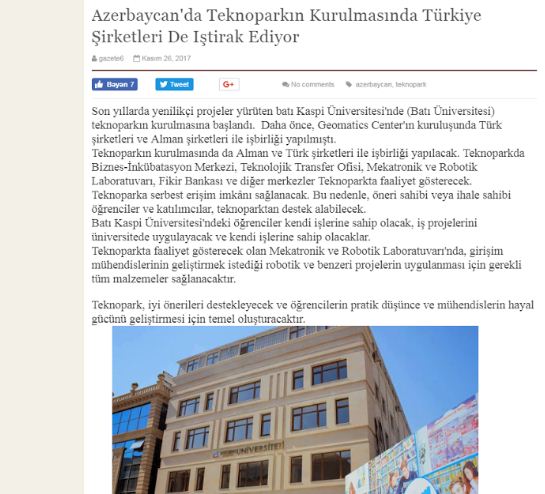 Türkiyə mediası Qərbi Kaspi Universitetinin Texnoparkı barədə...
