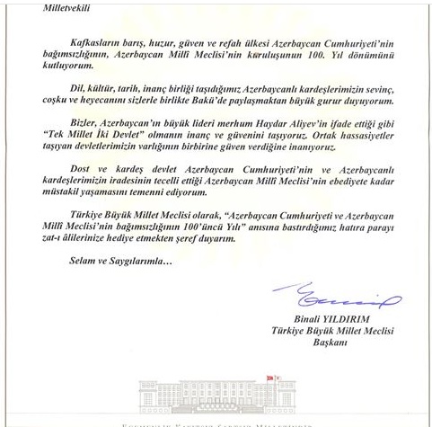 Binali Yıldırım Azərbaycan deputatlarını təbrik edib