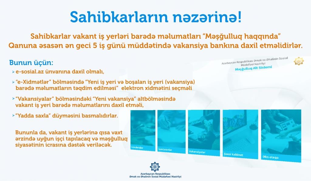 Nazirlik vakant iş yerləri ilə bağlı sahibkarları xəbərdar etdi