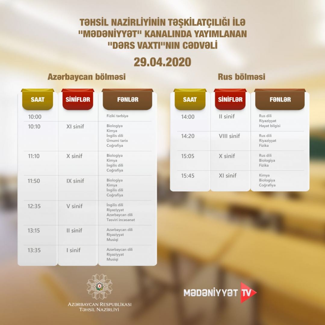 Teledərslərin sabahkı cədvəli açıqlandı  
