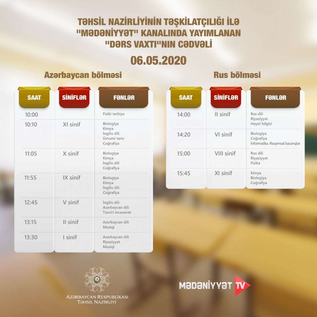 Teledərslərin sabaha olan cədvəli AÇIQLANDI