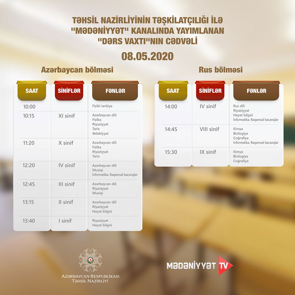 “Dərs vaxtı”nın sabaha olan cədvəli  