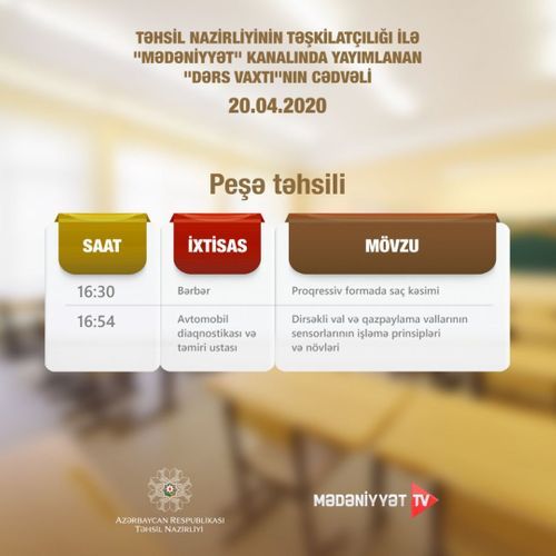 Peşə təhsili üzrə teledərsin sabaha olan cədvəli açıqlanıb