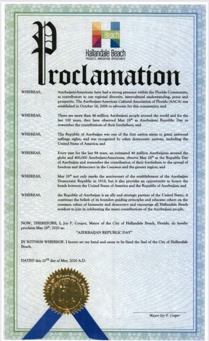 Florida ştatında mayın 28-i Azərbaycan Respublika Günü elan olundu
