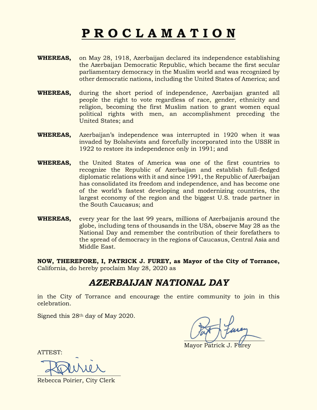 ABŞ-ın daha bir şəhəri 28 mayı “Azərbaycan Milli Günü” elan edib