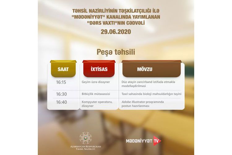 Peşə təhsili üzrə teledərslərin sabaha olan cədvəli açıqlandı