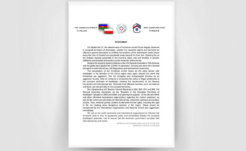 Polşa azərbaycanlıları Ermənistanın təcavüzünə qarşı bəyanat verdi