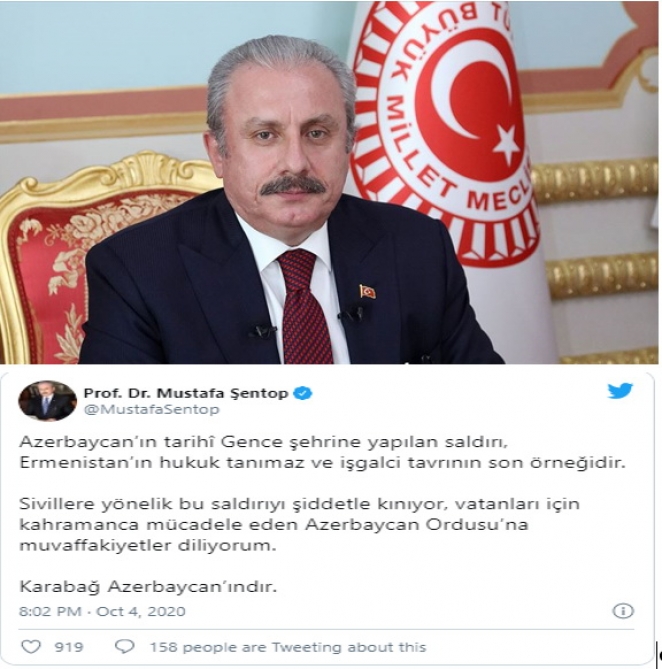 Türkiyə parlamentinin sədri: Gəncəyə hücum işğalçı simasının son nümunəsidir