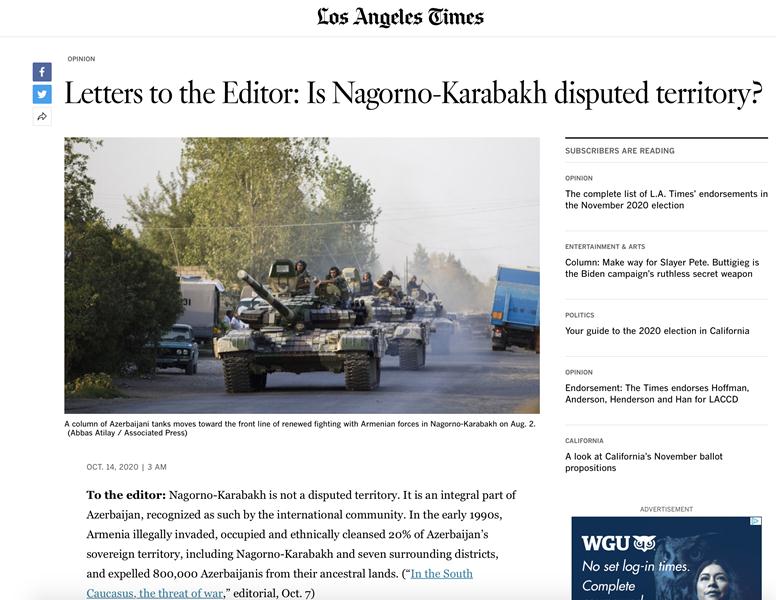 Baş konsul “Los Angeles Times”da Ermənistanın işğalından yazdı 