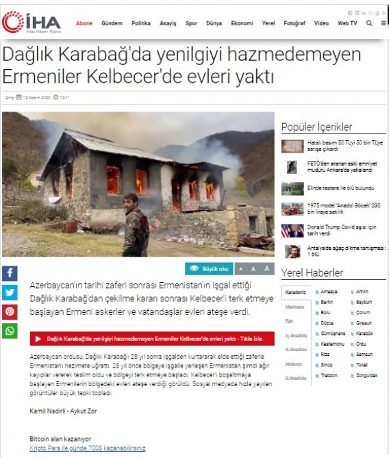 Türkiyə mediası: Kəlbəcəri tərk edən ermənilər evləri və meşələri yandırırlar