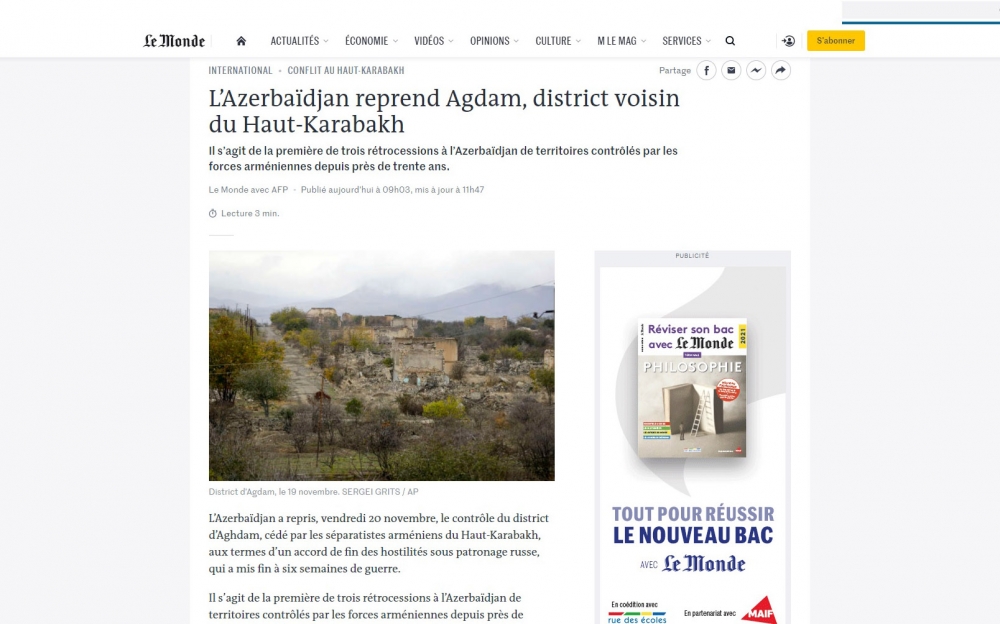 Fransız nəşri də Ağdamın qaytarılmasından yazdı