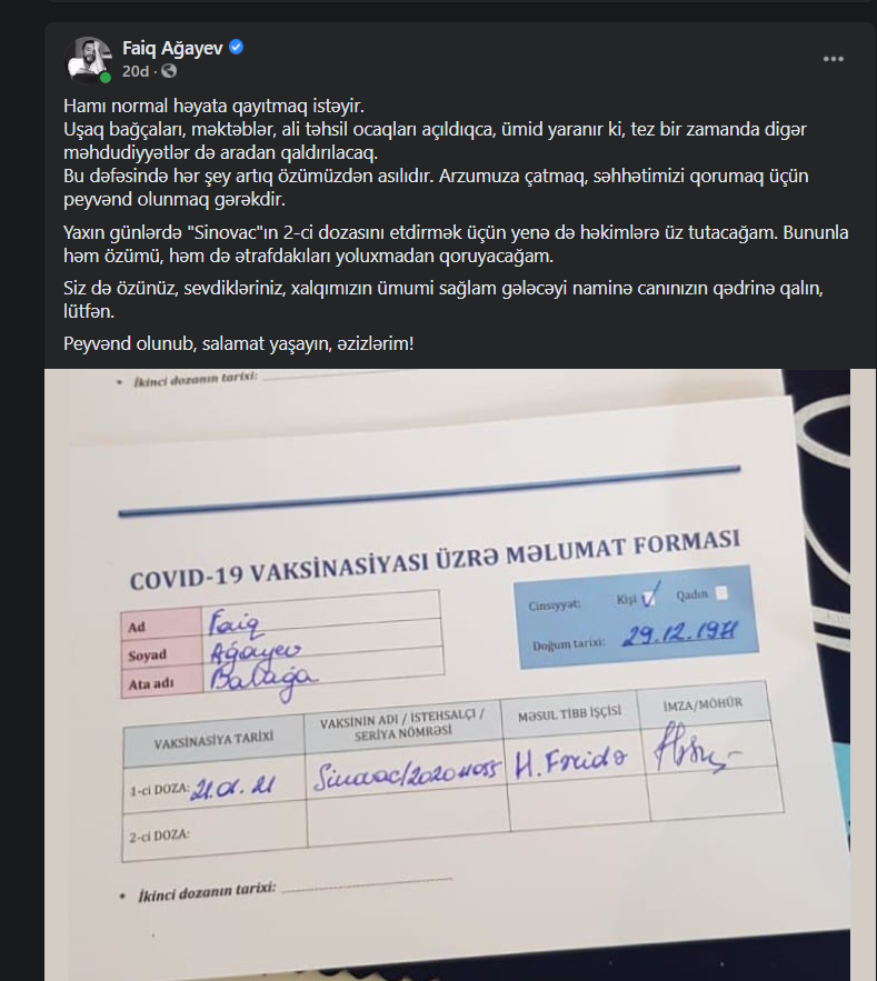 Faiq Ağayev də peyvənd olundu