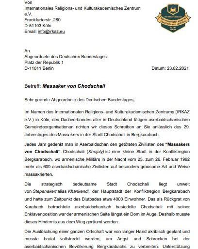 Soydaşlarımız Almaniya Bundestaqını Xocalı soyqırımını tanımağa çağırıb
