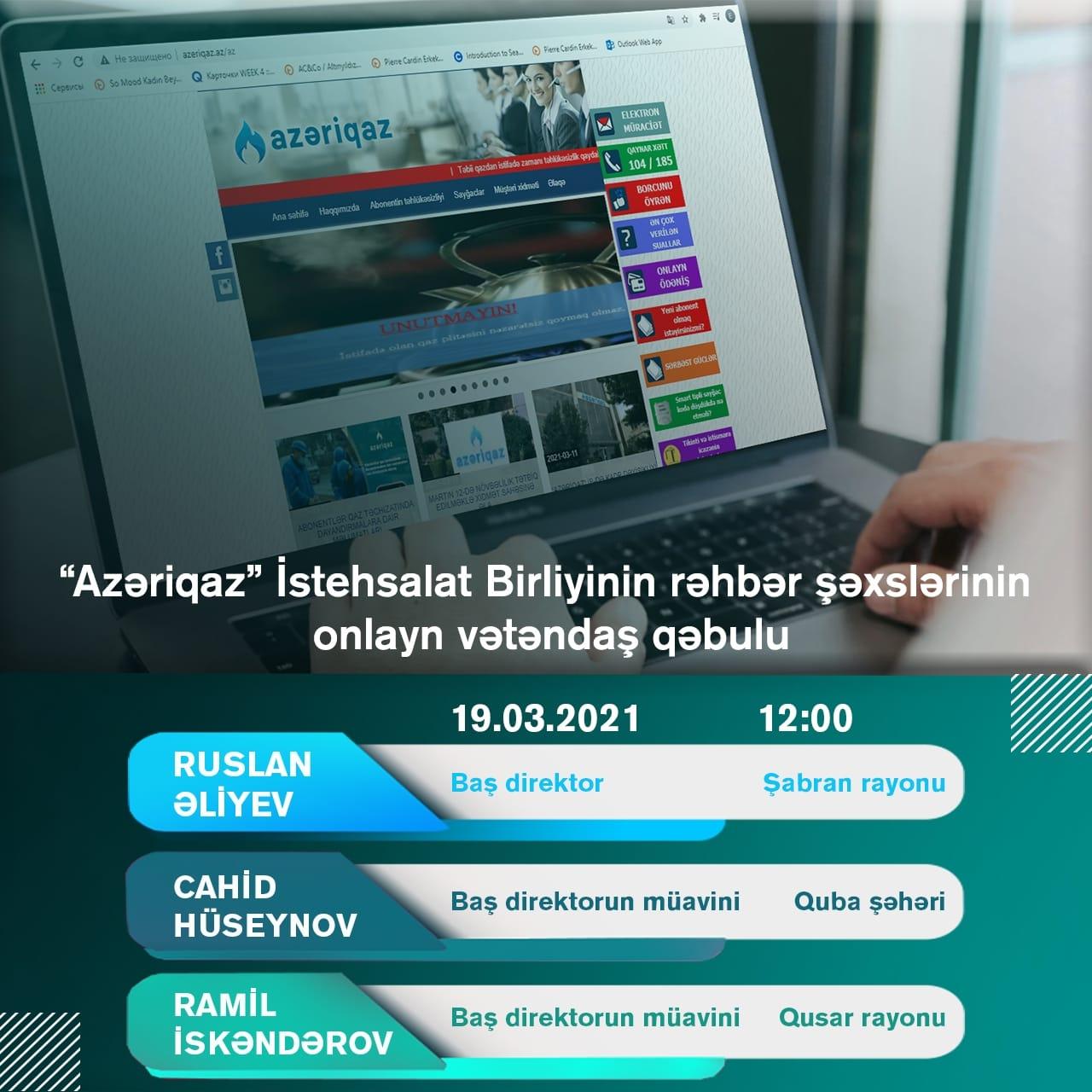 “Azəriqaz” rəhbərliyi onlayn vətəndaş qəbulu keçirəcək