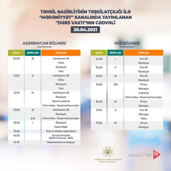 Teledərslərin sabaha olan CƏDVƏLİ