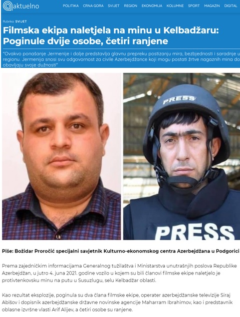 Monteneqro mediası Kəlbəcərdə həlak olan media mənsublarından yazdı