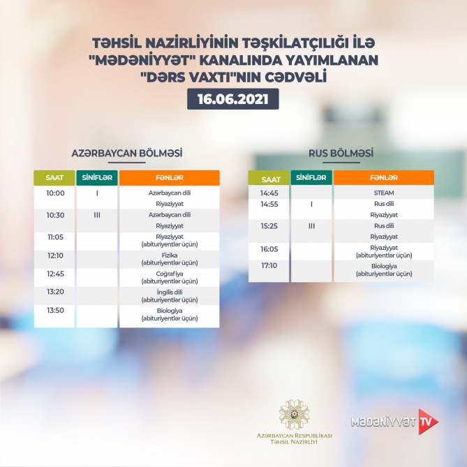 Teledərslərin sabaha olan cədvəli