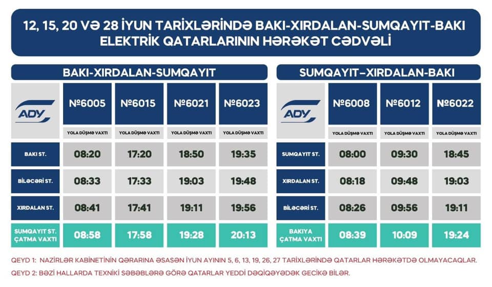 28 iyunda qatarların hərəkət cədvəli belə olacaq
