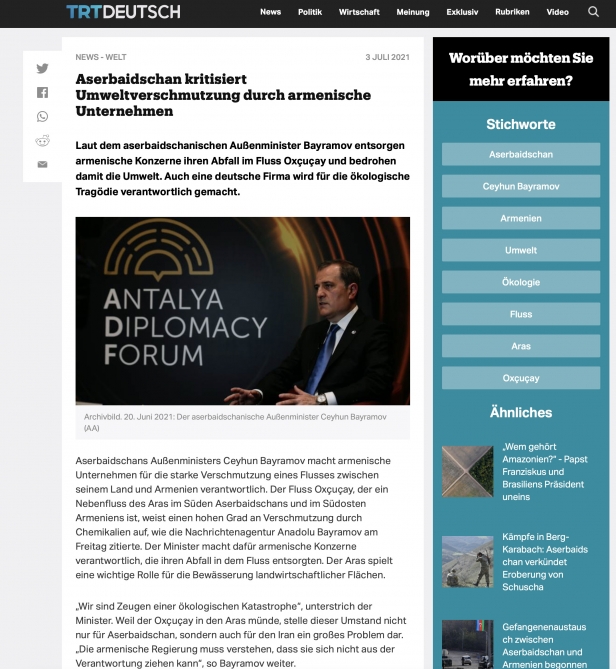 “TRT Deutsch” Ermənistan şirkətlərinin Azərbaycan ərazilərini çirkləndirməsindən yazdı