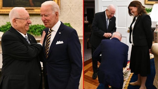 Bayden İsrail prezidentinin önündə diz çökdü - FOTO