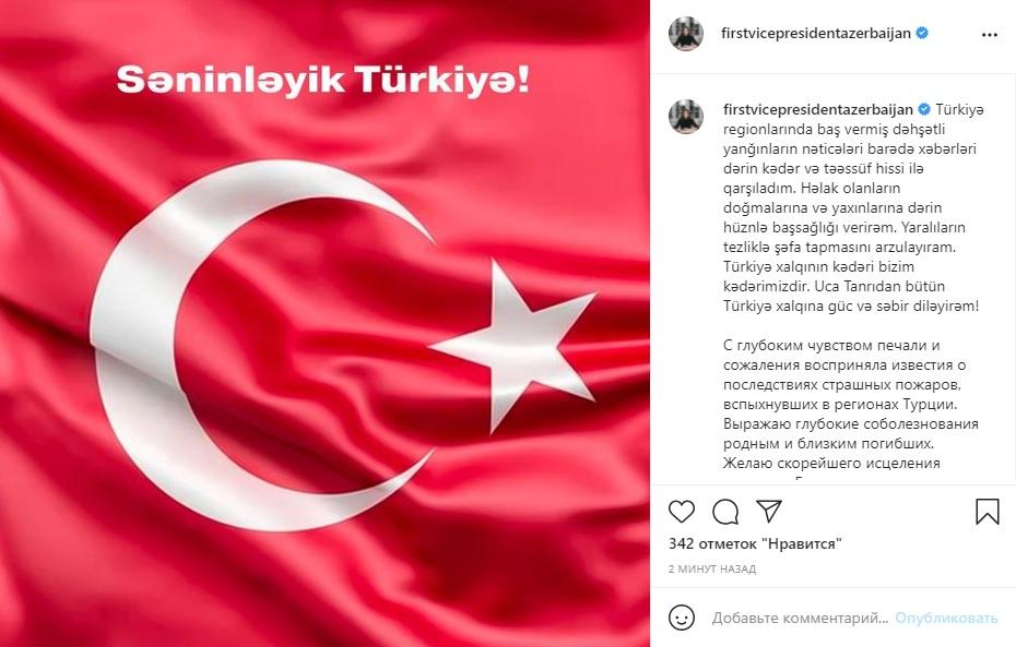 Mehriban Əliyeva: “Türkiyə xalqına güc və səbir diləyirəm!”