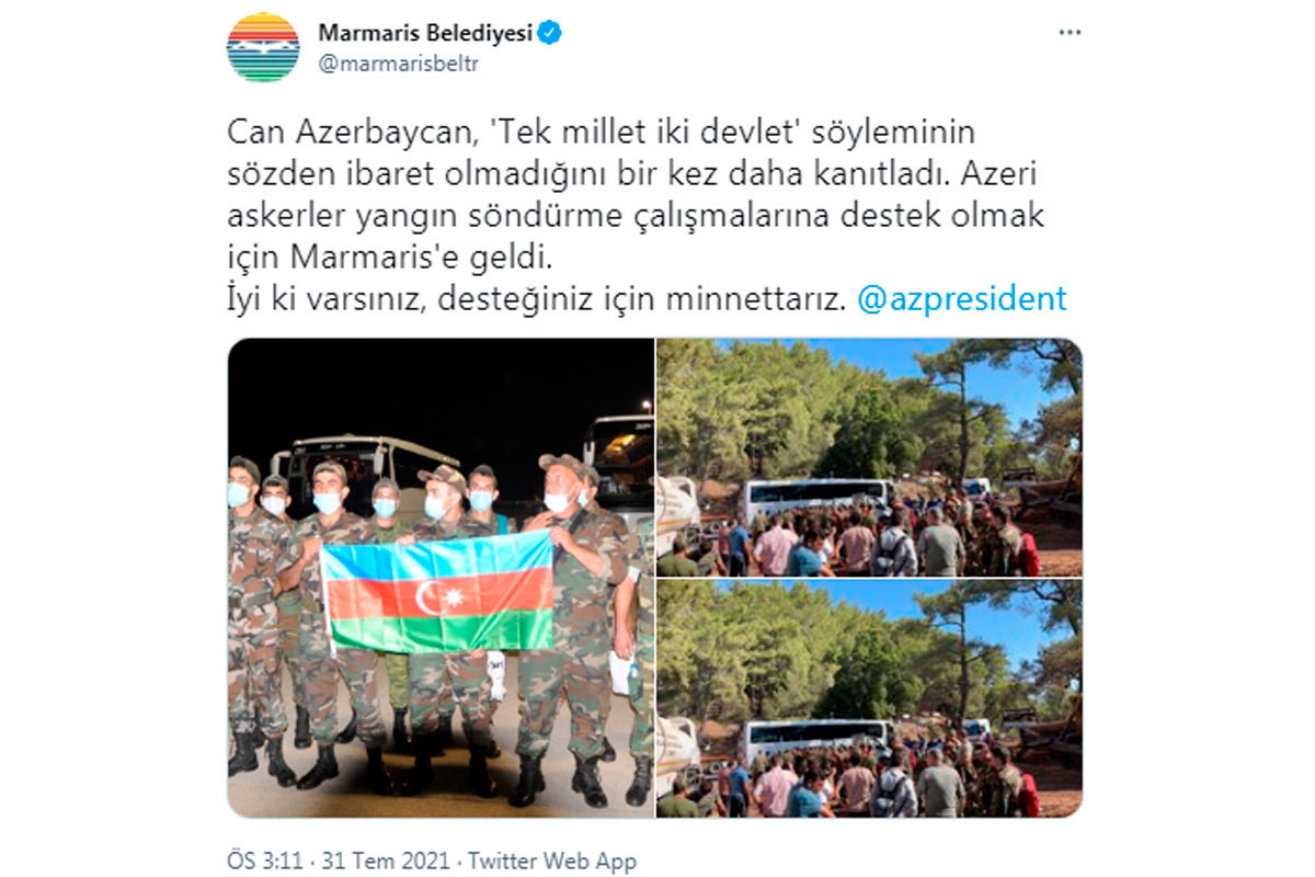 Marmaris bələdiyyəsi Azərbaycana təşəkkür etdi
