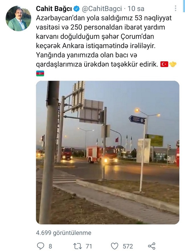 Cahit Bağçı Azərbaycana təşəkkür etdi