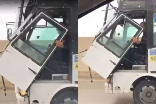 Bakıda avtobus sürücüsü qapını əlində aparır - Rəsmi açıqlama