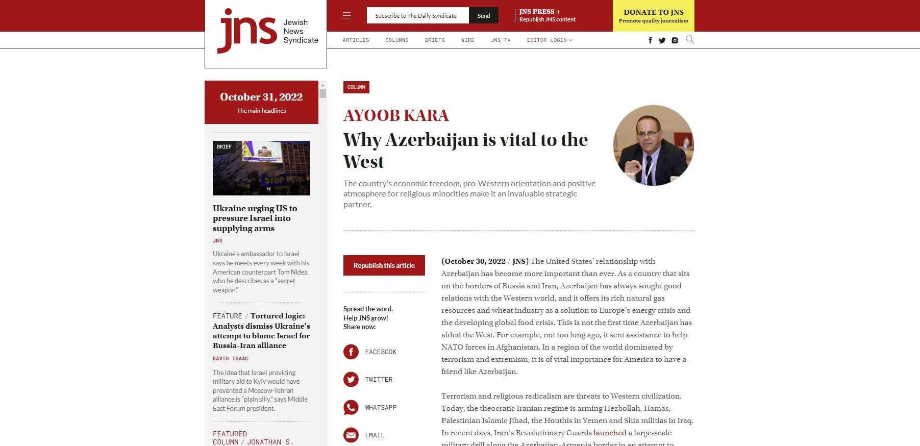 Sabiq nazir Azərbaycanın Qərb üçün əhəmiyyətindən YAZDI