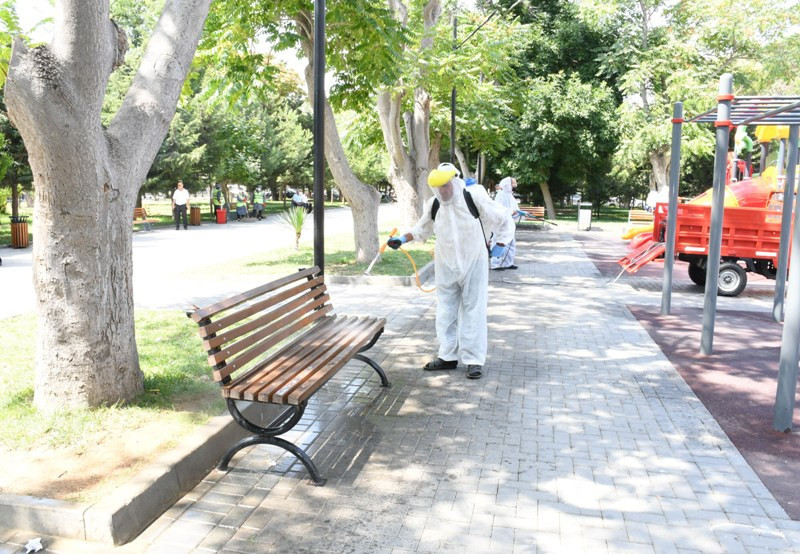 Paytaxt parklarında dezinfeksiya tədbirləri görülüb - FOTOLAR