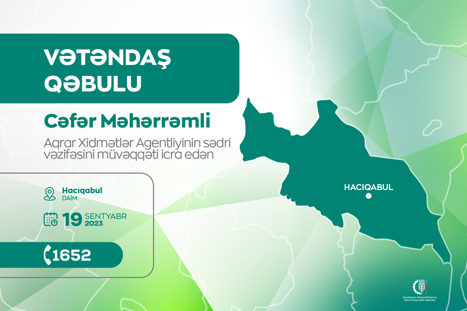 Aqrar Xidmətlər Agentliyinin sədr müavini Hacıqabulda vətəndaşları qəbul edəcək