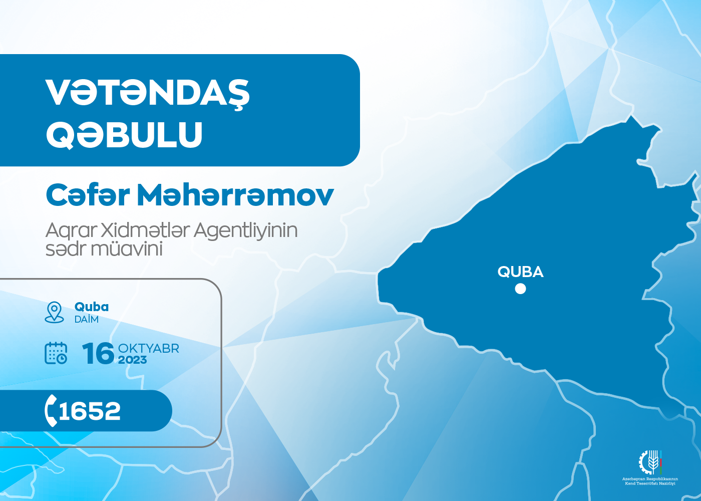 Agentliyin sədr müavini Qubada vətəndaşları qəbul edəcək