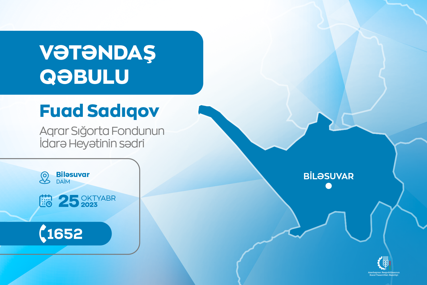 Aqrar Sığorta Fondunun sədri Biləsuvarda vətəndaşları qəbul edəcək