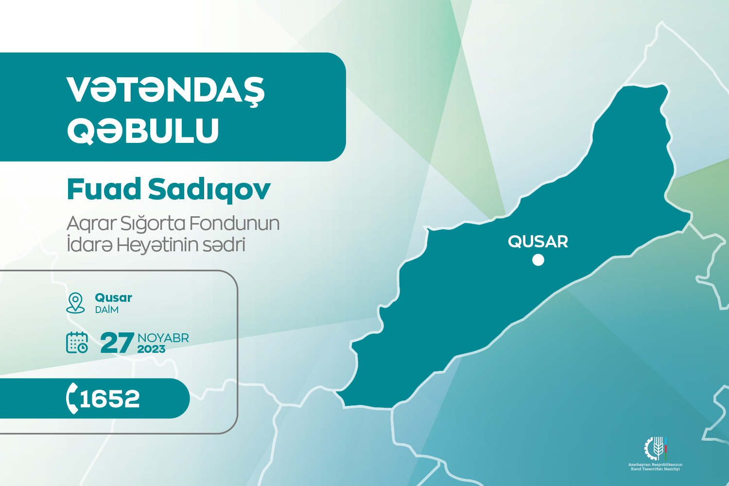 Aqrar Sığorta Fondunun sədri Qusarda vətəndaşları qəbul edəcək