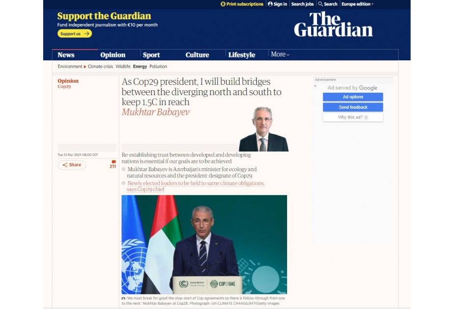 COP29-un prezidenti “The Guardian” nəşrinə müsahibə verib