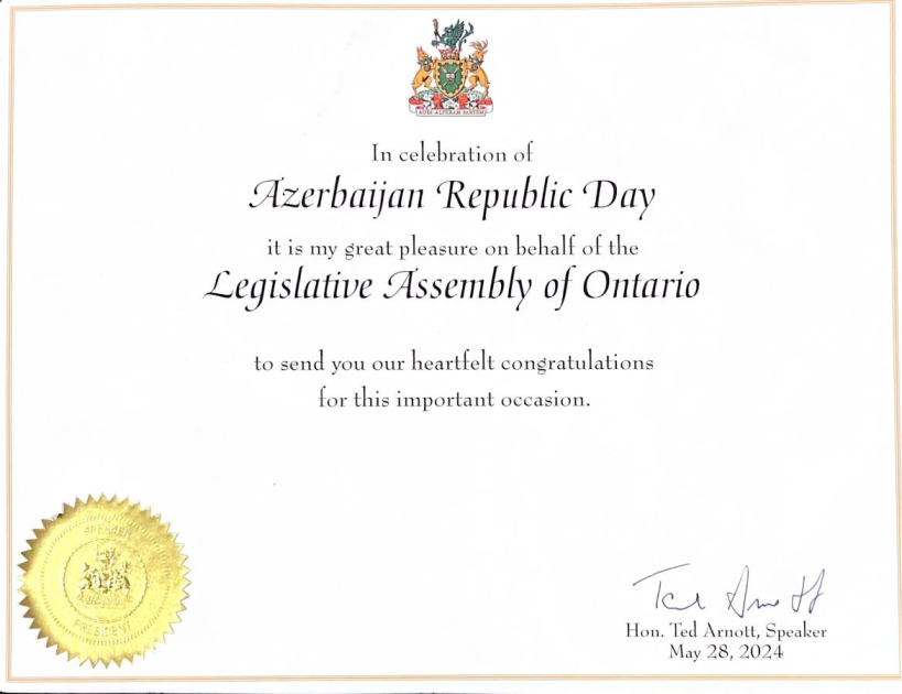 Ontario rəsmiləri Azərbaycan icmasını təbrik ediblər