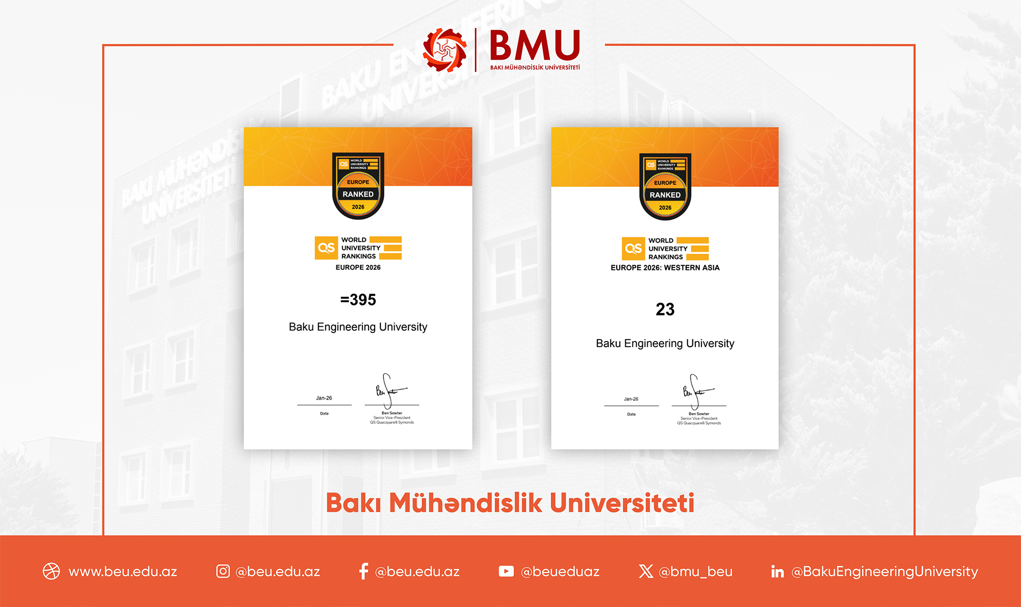 BMU &ldquo;QS Avropa 2026&rdquo; reytinqində 96 pillə irəliləyib - FOTO