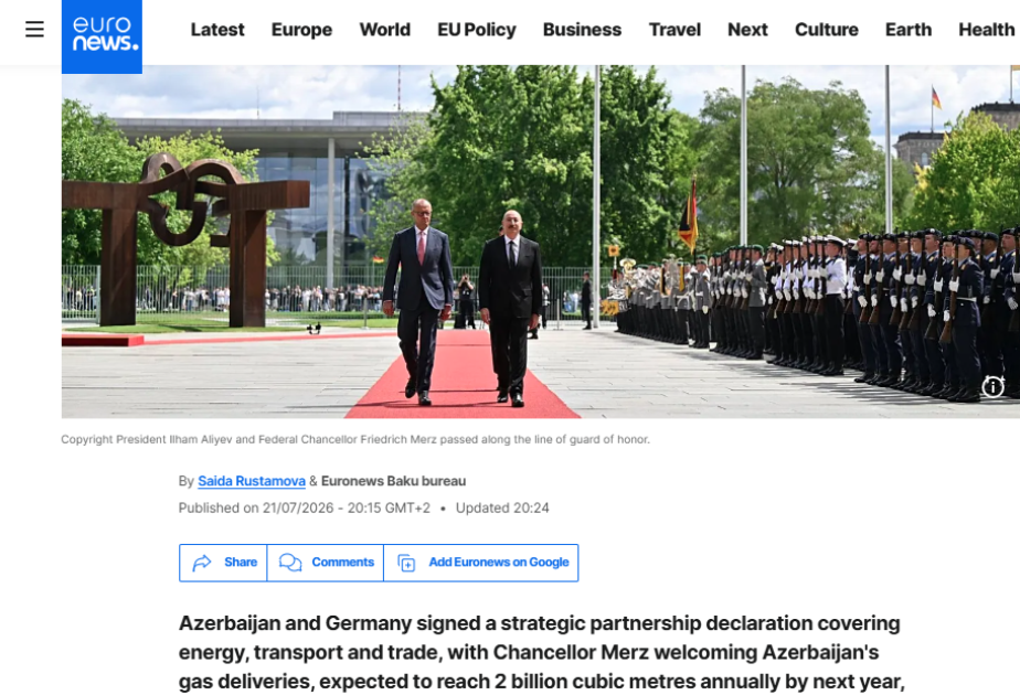 &ldquo;Euronews&rdquo; İlham Əliyevin Almaniya səfərini geniş işıqlandırıb