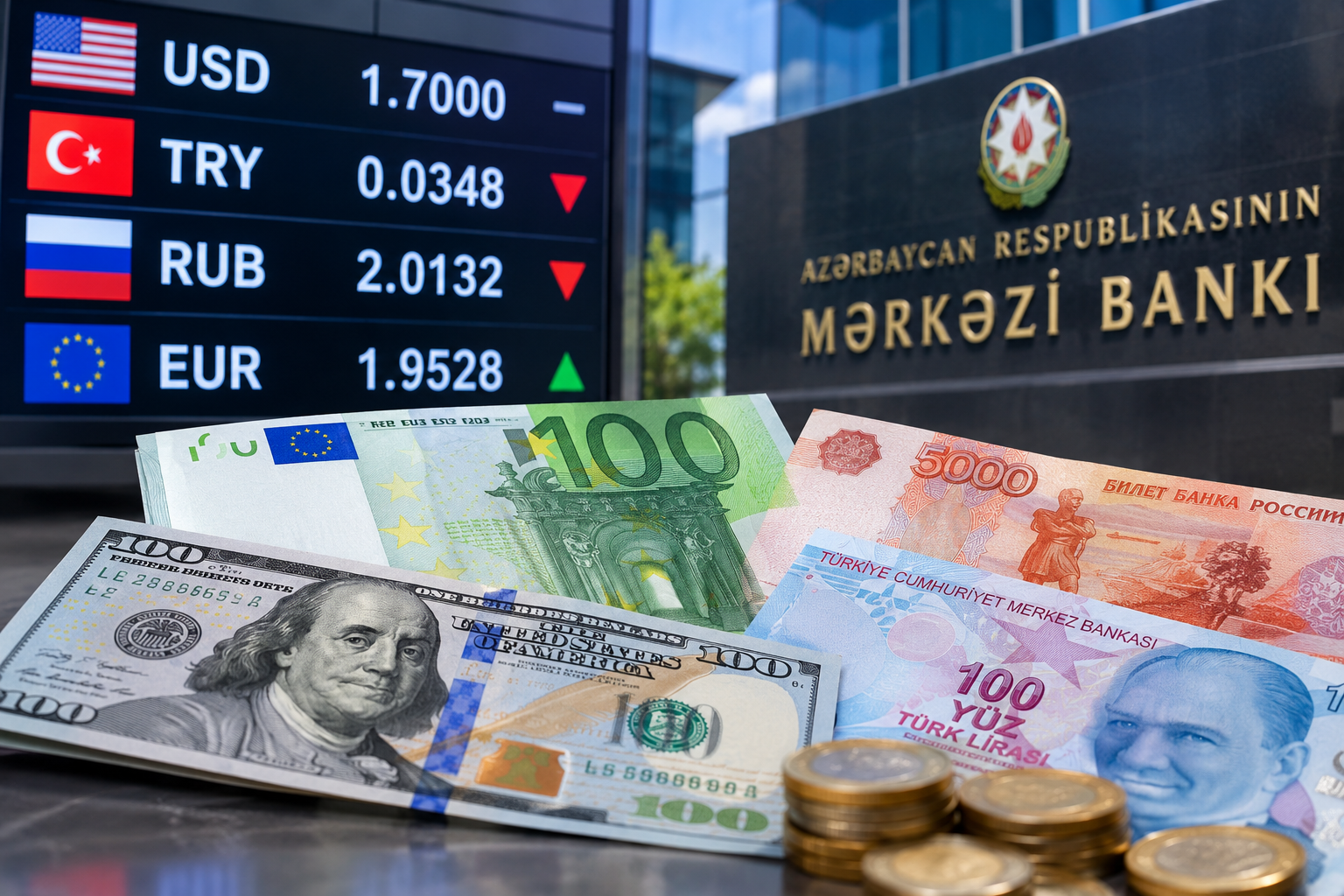 Valyuta bazarında fərqli mənzərə - Avro bahalaşdı, rubl, lirə ucuzlaşdı